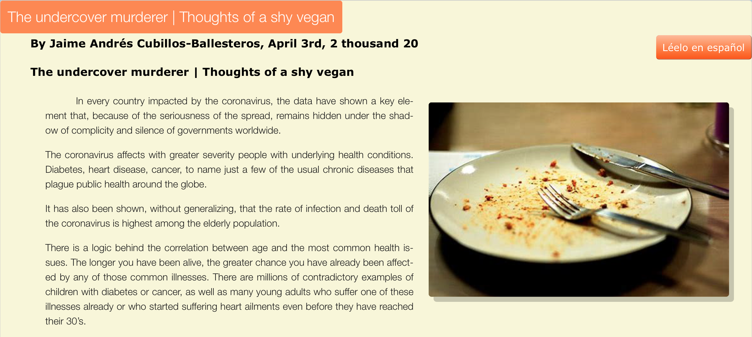 Preview of the essay: The undercover murderer. Thoughts of a shy vegan.